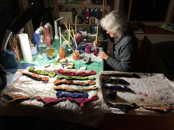 hand dying shibori folded silk scarves on Pender Island
