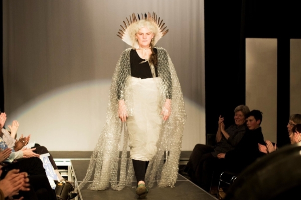 bubble wrap and feather cape modeled by Joanna Rogers at ZooIslander 2017 on Pender Island